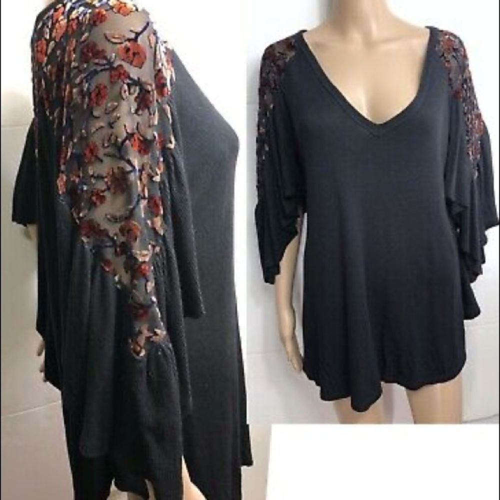 Hummingbird Black Brown Orange Velvet Sheer Floral Batwing Sleeves Boho Top
